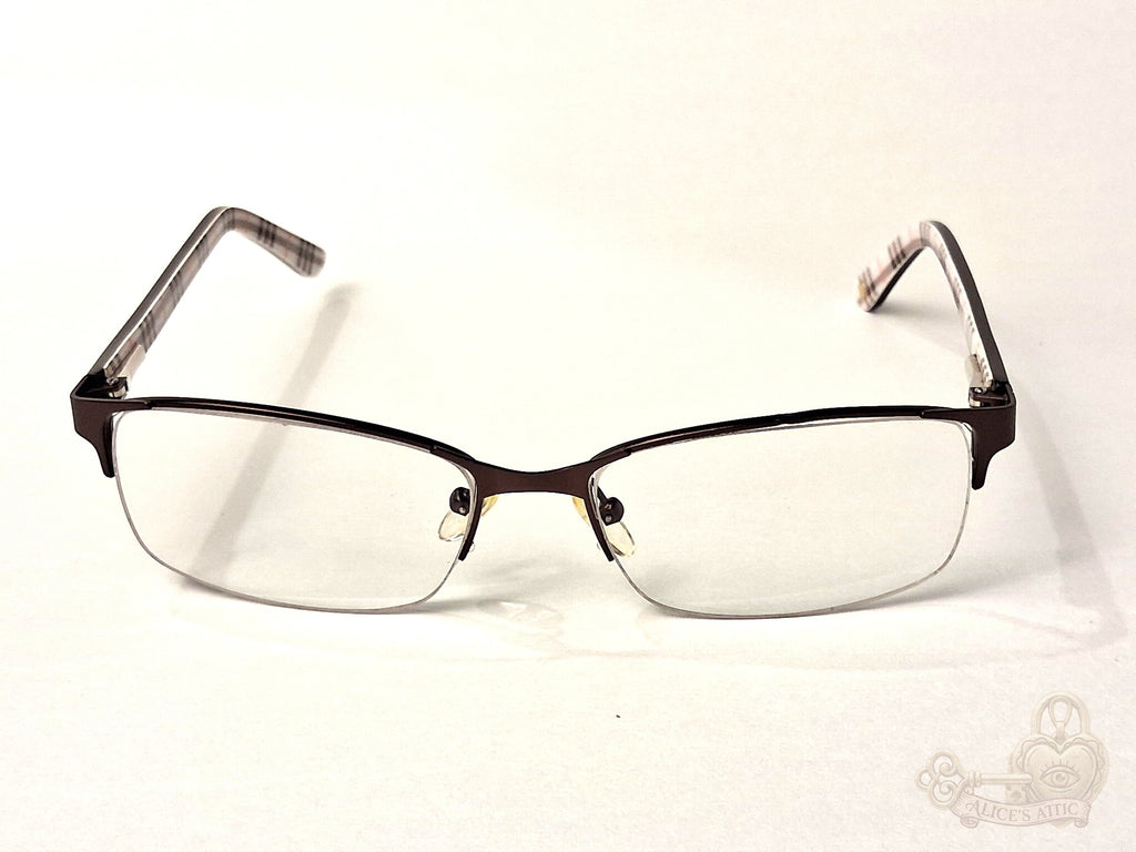 London Fog Semi-Rimless Rectangular Eyeglass Brown Plaid Designer Optical Frames - Image 1