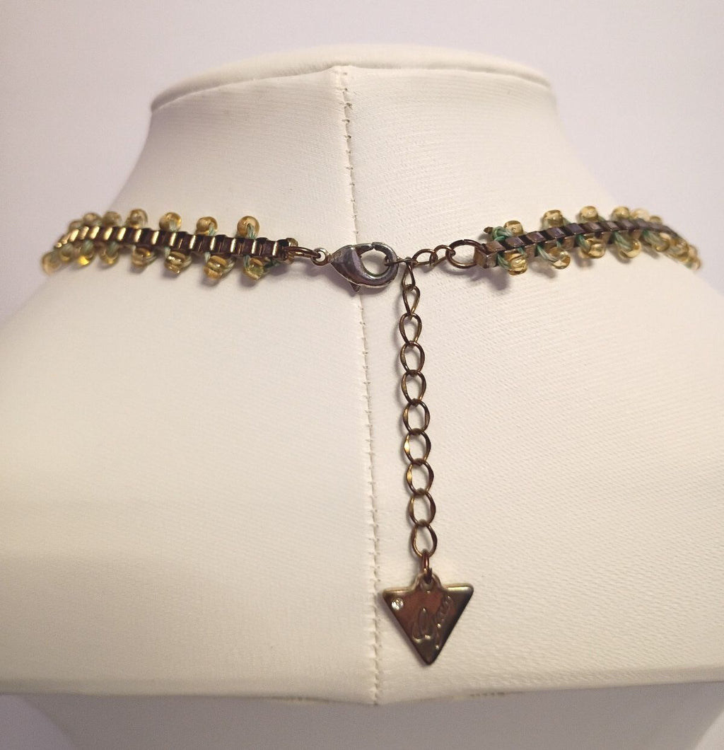 Designer Signed Guess, Collar Necklace is Gold Tone with Yellow Seed Beads