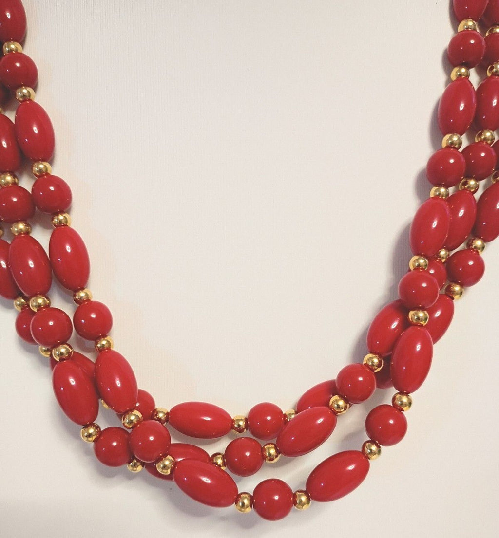 Vintage Red Bead Triple Strand Statement Necklace Gold Tone Spacers 17 In