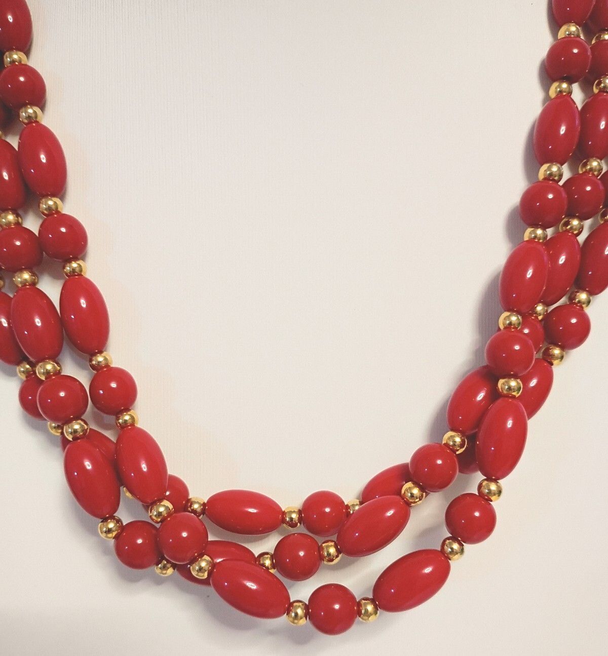 Vintage Red Bead Triple Strand Statement Necklace Gold Tone Spacers 17 In