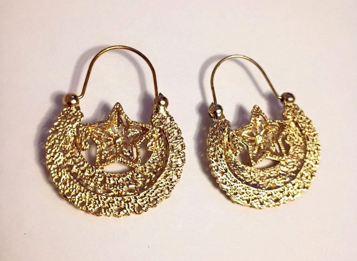 Hoop Earrings, Crescent and Star design, Small White Crystal