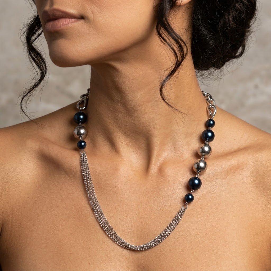 Vintage Rope Chain Necklace Deep Blue Turquoise & Silver Tone Beads