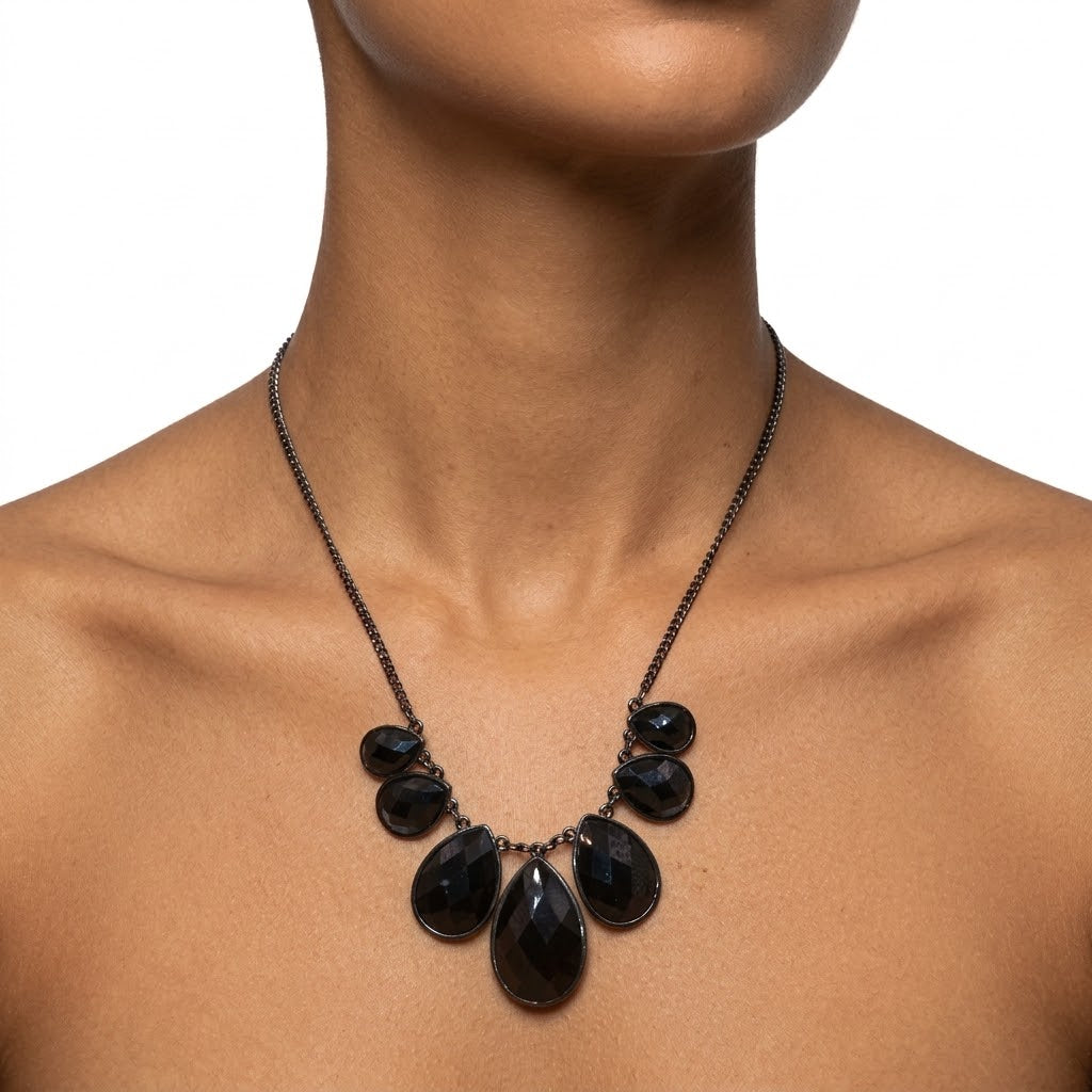 The Limited Vintage Black Resin Faceted Cabochon Bib Statement Necklace