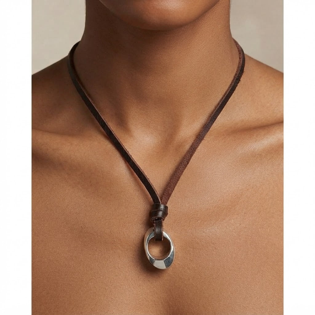 Vintage Adjustable Black & Brown Leather Cord Wide Circle Pendant Necklace