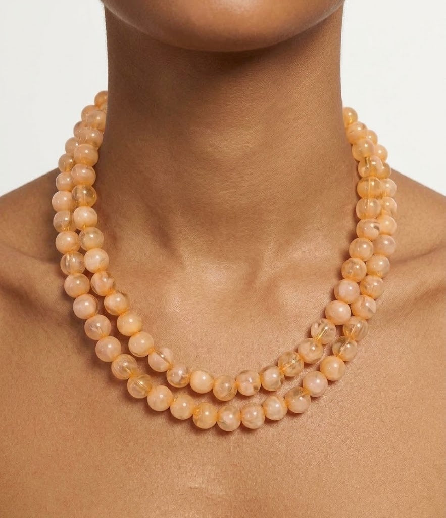 Vintage Peach Faux Pearl Strand Necklace 35 Inch