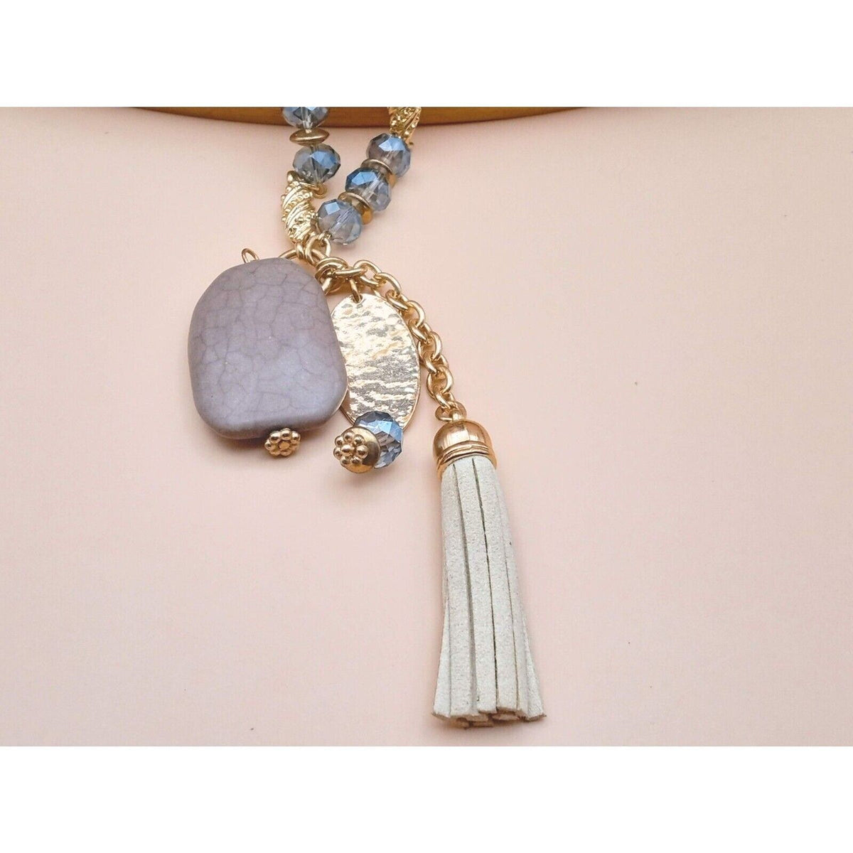 Natural Snakeskin Agate Boho Strap Tassel with Carved Gold Tone Beads Necklace