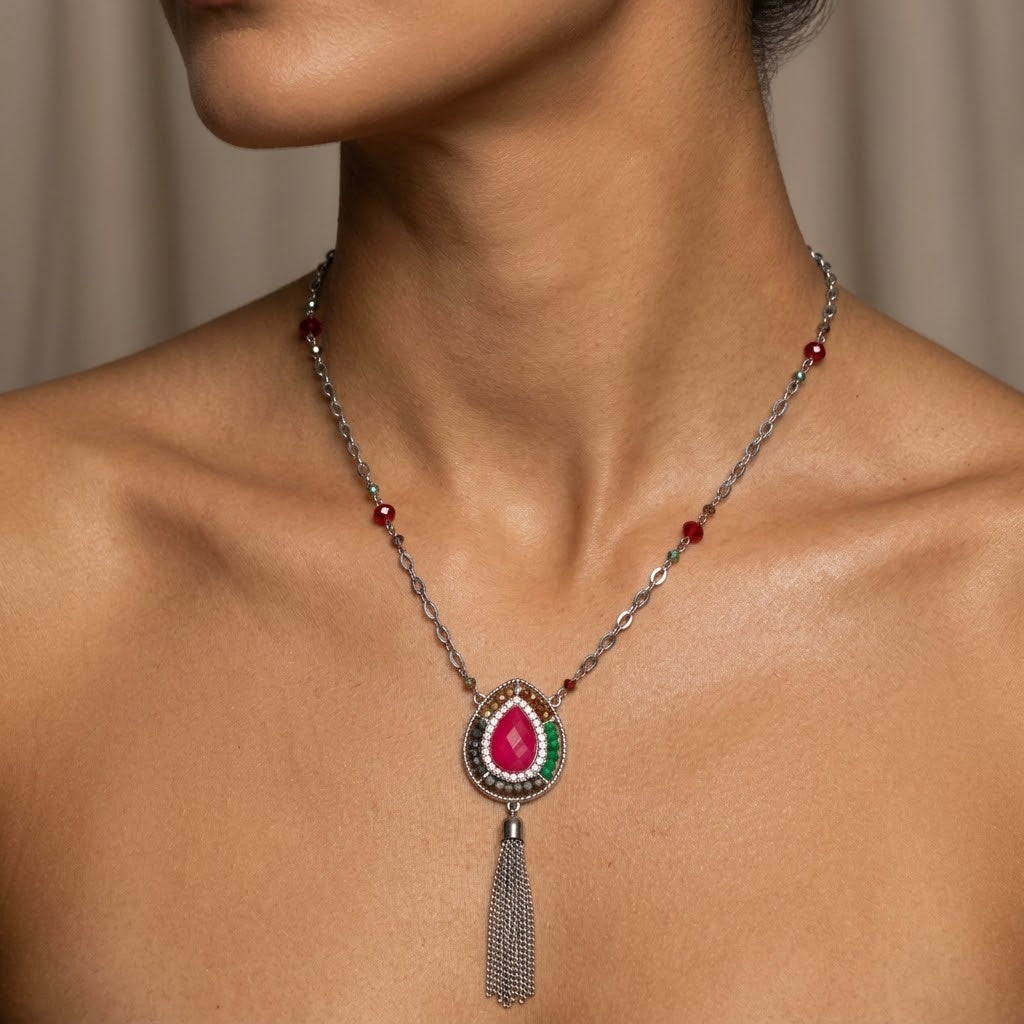 Vintage Red Teardrop Pendant Necklace Tassel Chain & Chakra Beads