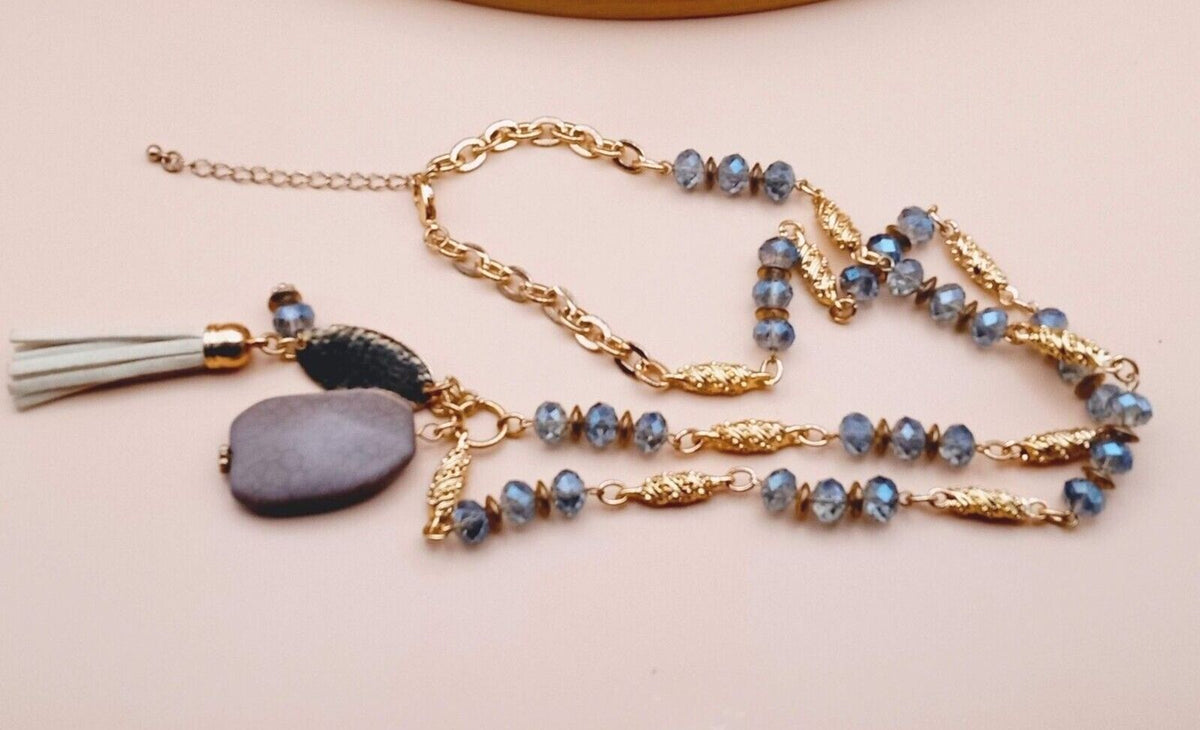 Natural Snakeskin Agate Boho Strap Tassel with Carved Gold Tone Beads Necklace