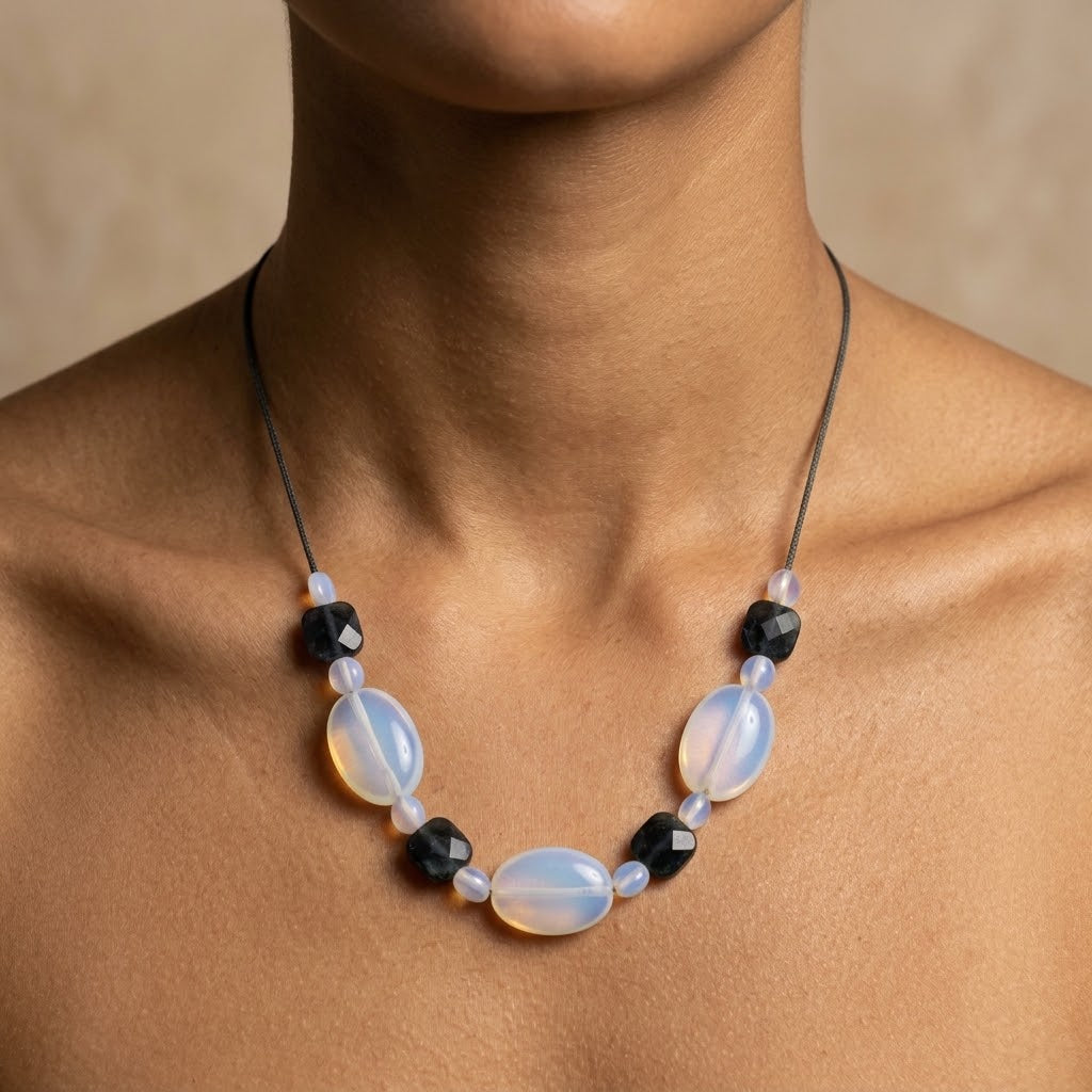 Vintage Blue Oval Glass Bead & Seed Beaded Cord Necklace