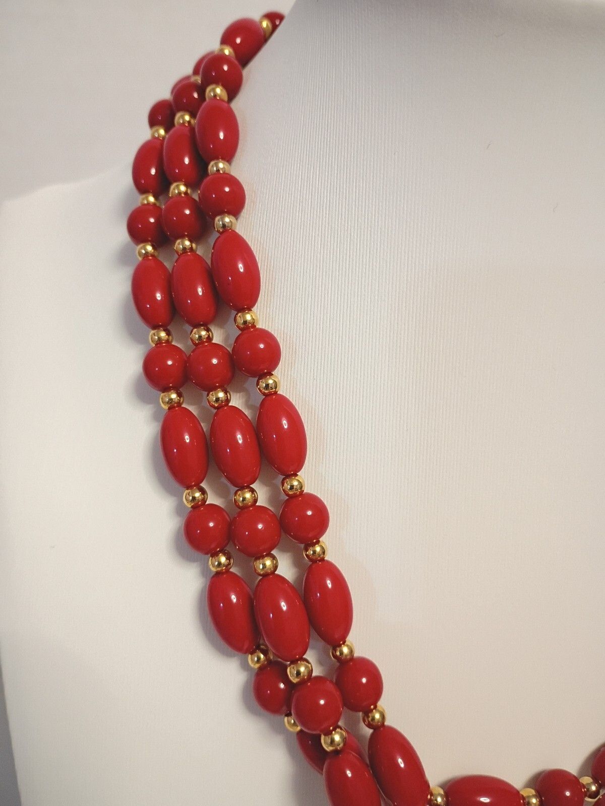 Vintage Red Bead Triple Strand Statement Necklace Gold Tone Spacers 17 In