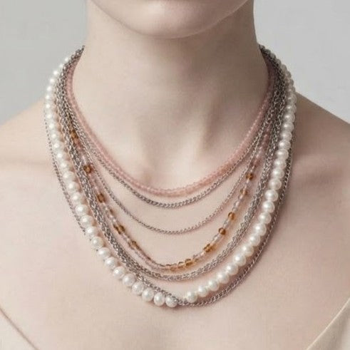 Vintage Mixed Media Multi Strand Necklace Embellished with Beads and Faux Pearls