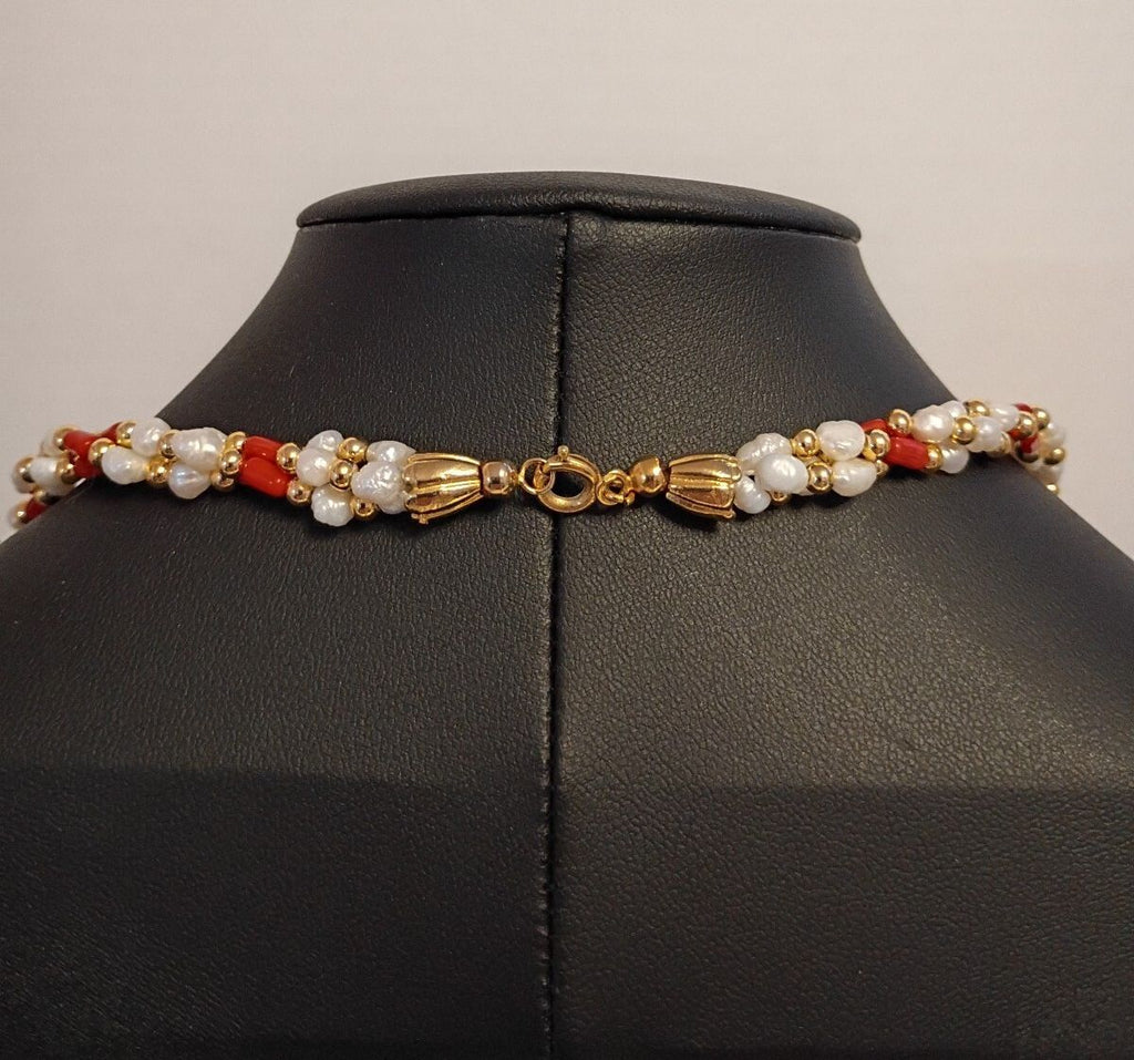 Vintage Orange & White Seed Bead Floral Pattern Necklace