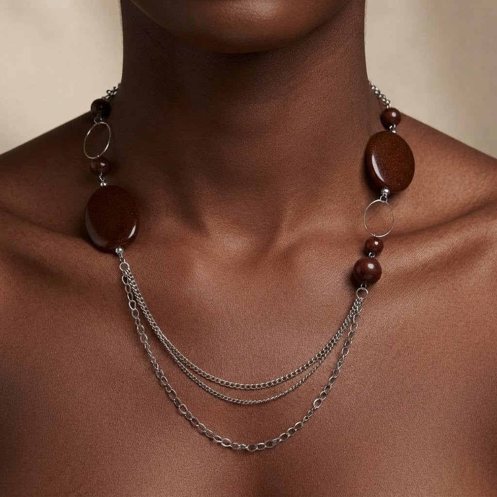 Vintage Chocolate Brown Chunky and Small Lucite Bead Silvertone Necklace