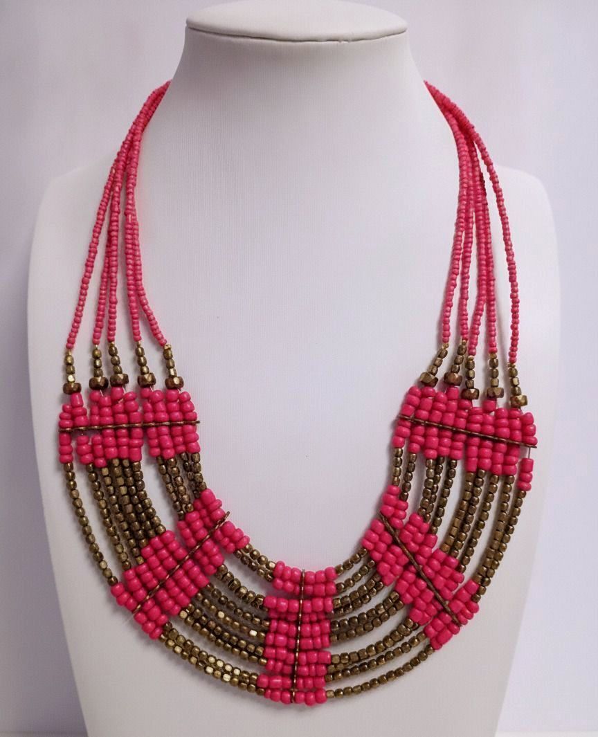 Vintage signed Charming Charlie Pink Multi Strand Beaded Statement Necklace