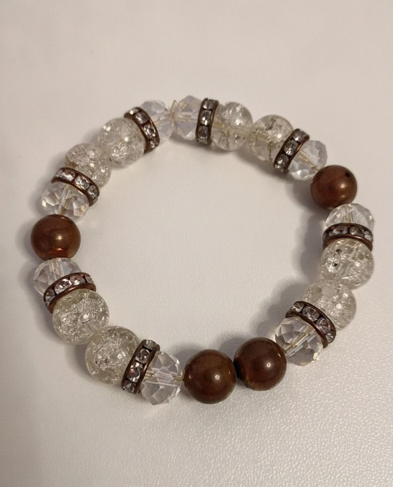 Vintage Clear Crackle Bead and Brown Bead Stretch Bracelet Rhinestone Spacers