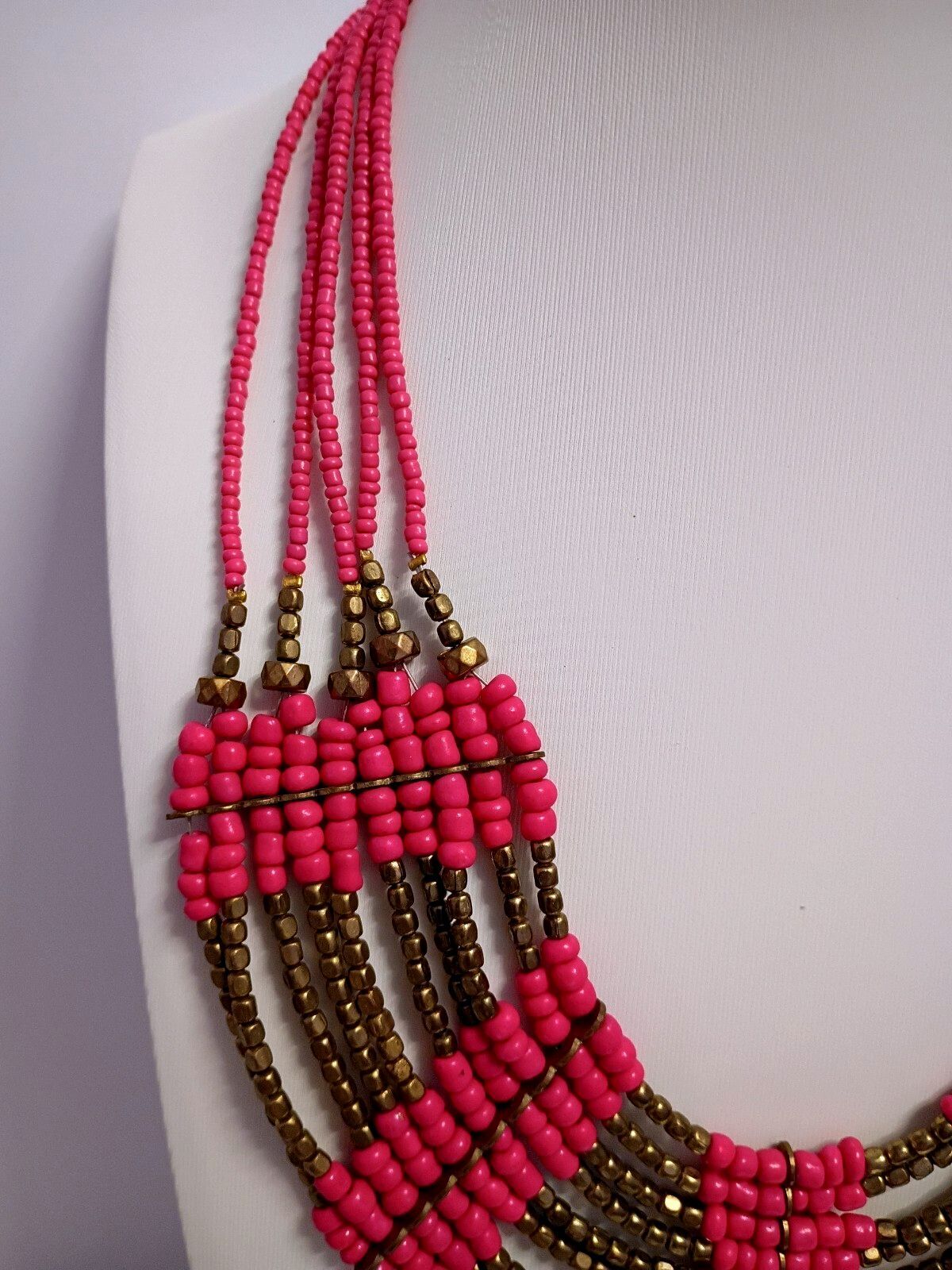 Vintage signed Charming Charlie Pink Multi Strand Beaded Statement Necklace