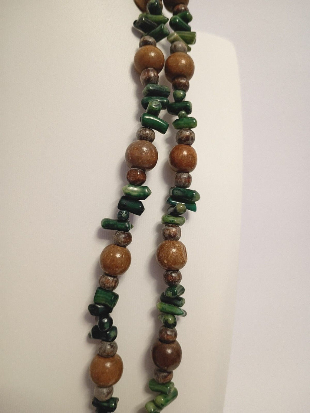 Vintage Rope Length Necklace with Natural Stones in Greens & Round Wooden Beads
