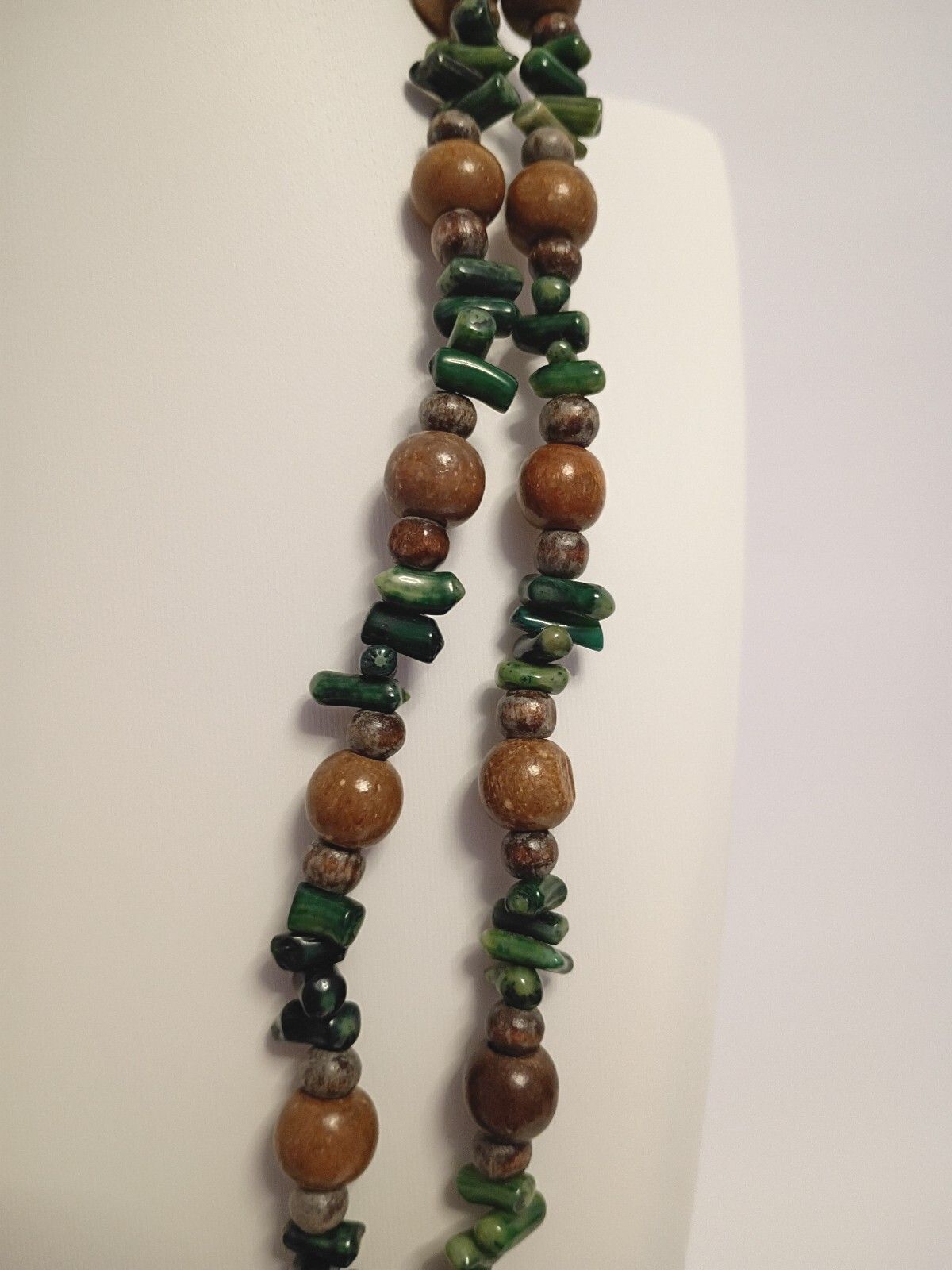Vintage Rope Length Necklace with Natural Stones in Greens & Round Wooden Beads