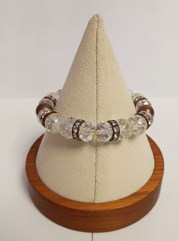 Vintage Clear Crackle Bead and Brown Bead Stretch Bracelet Rhinestone Spacers