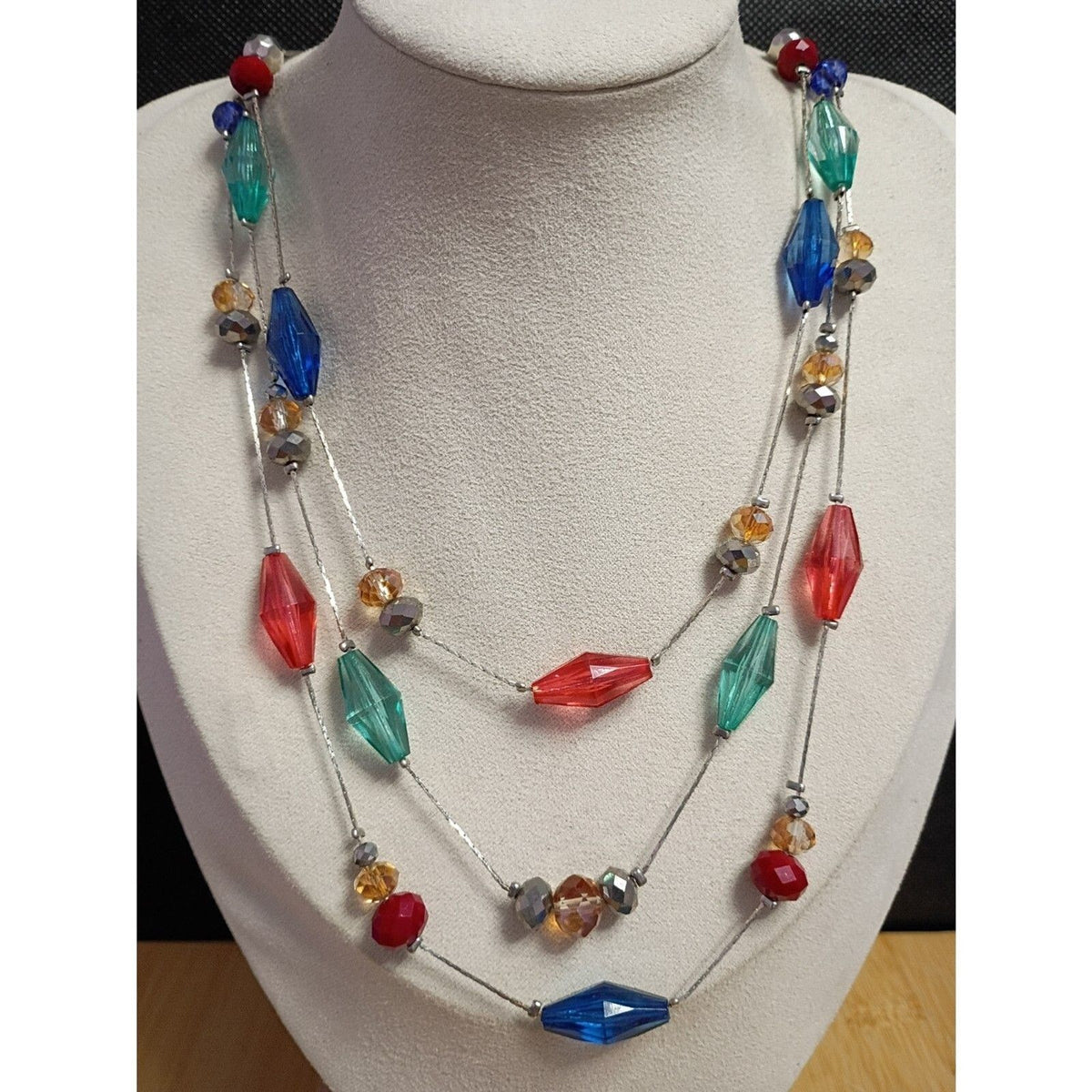 Vintage Holiday Colored Light Faceted Bead Triple Strand Chain Necklace