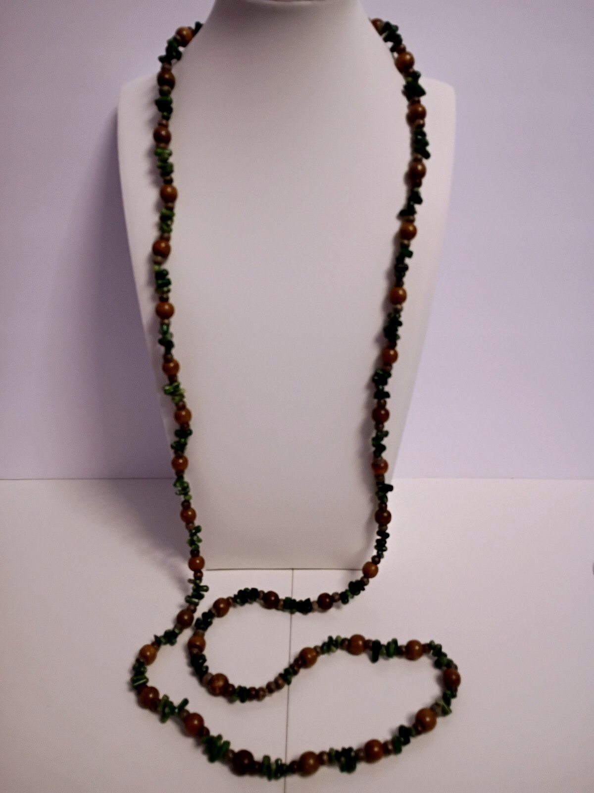 Vintage Rope Length Necklace with Natural Stones in Greens & Round Wooden Beads