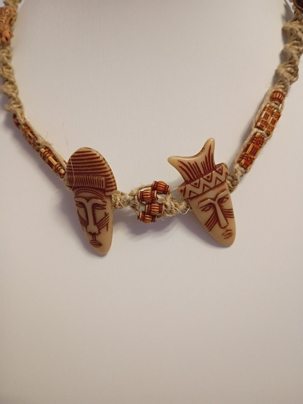 Vintage Braided Rope Choker Necklace with Tribal Face and Animal beads