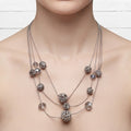 Triple Cascading Strand Crystal & Silver Tone Filigree Bead Rhinestones Necklace