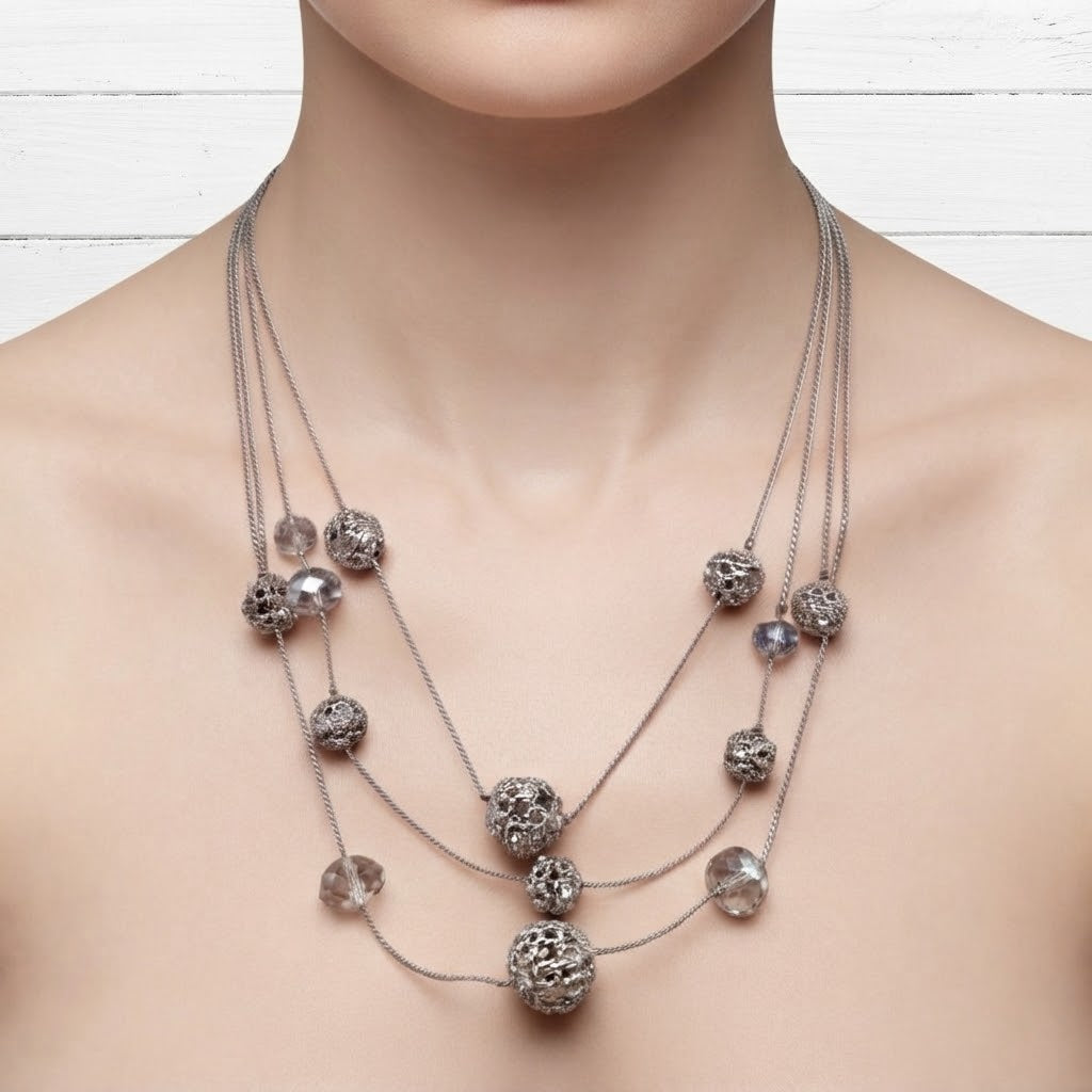 Triple Cascading Strand Crystal & Silver Tone Filigree Bead Rhinestones Necklace