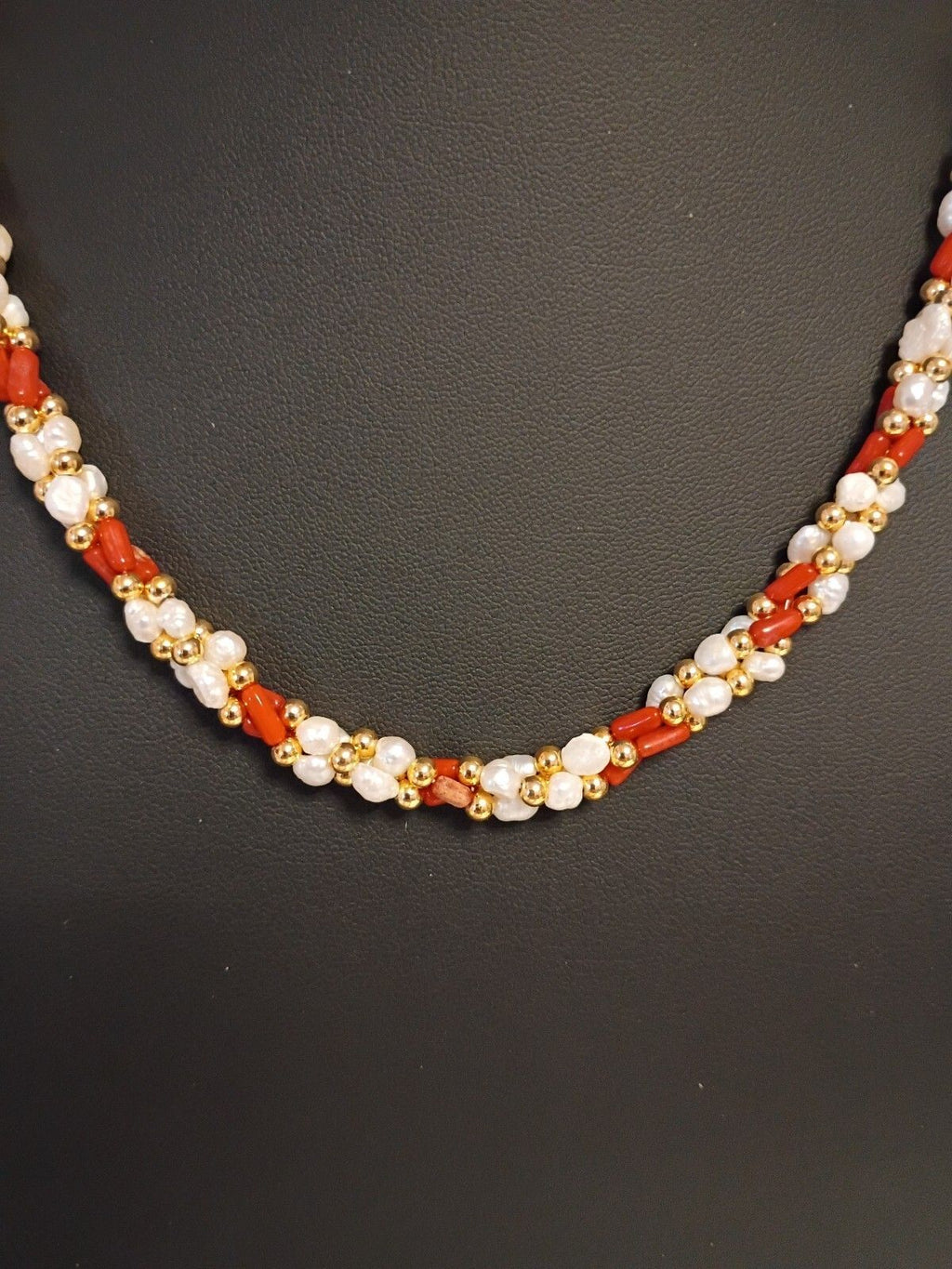 Vintage Orange & White Seed Bead Floral Pattern Necklace