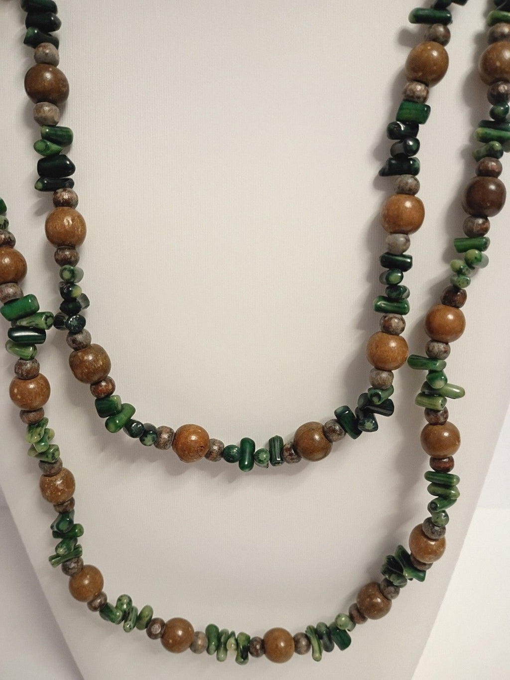 Vintage Rope Length Necklace with Natural Stones in Greens & Round Wooden Beads