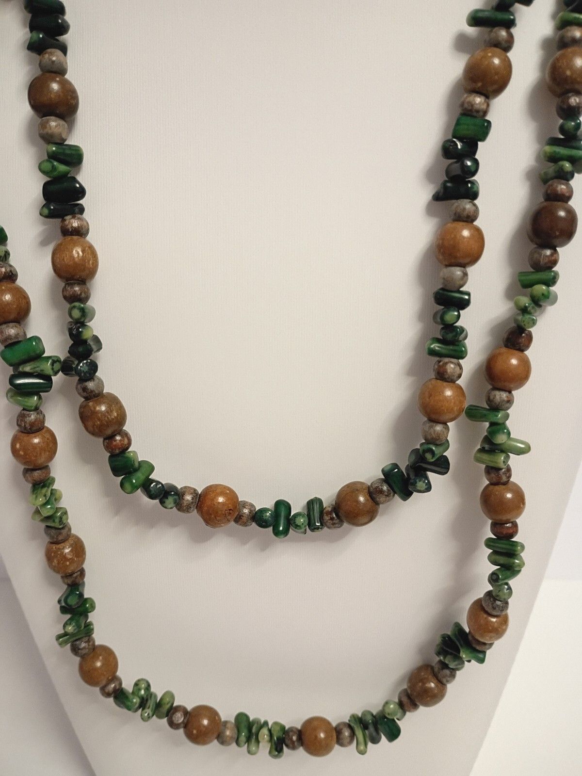 Vintage Rope Length Necklace with Natural Stones in Greens & Round Wooden Beads