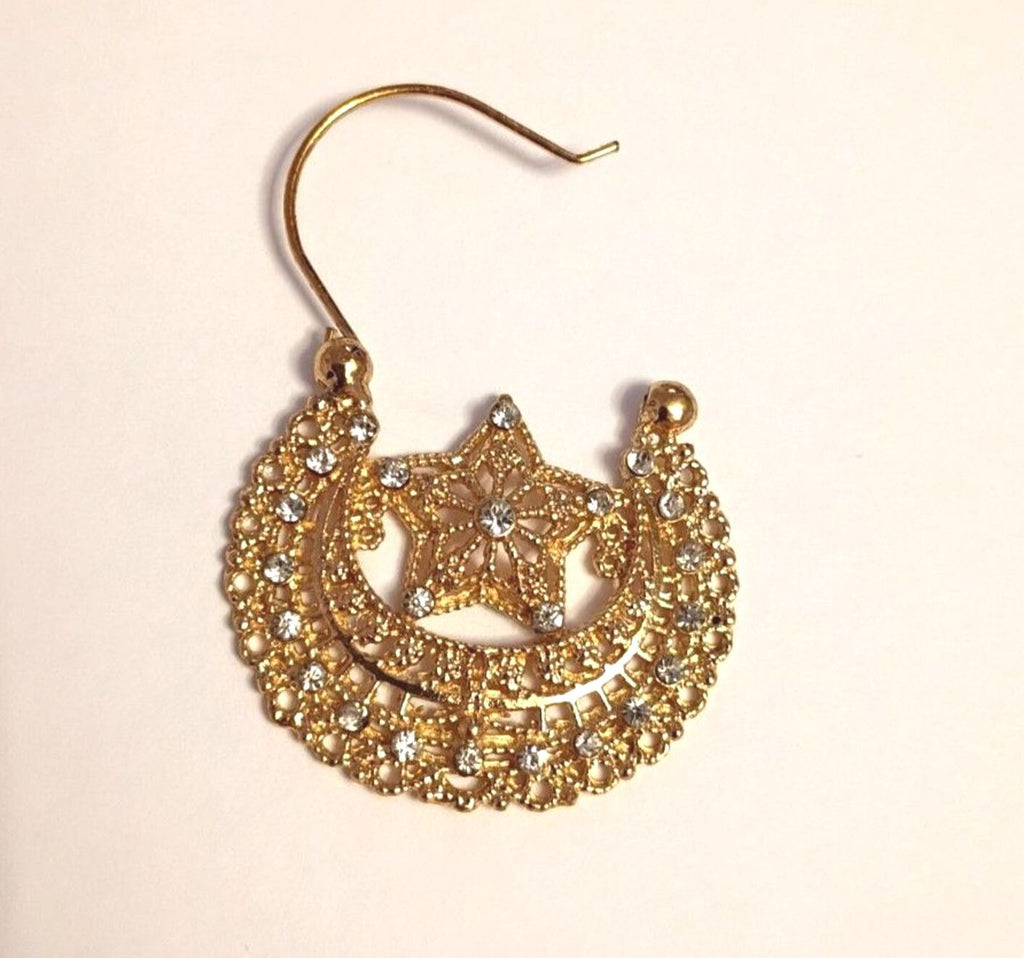 Hoop Earrings, Crescent and Star design, Small White Crystal