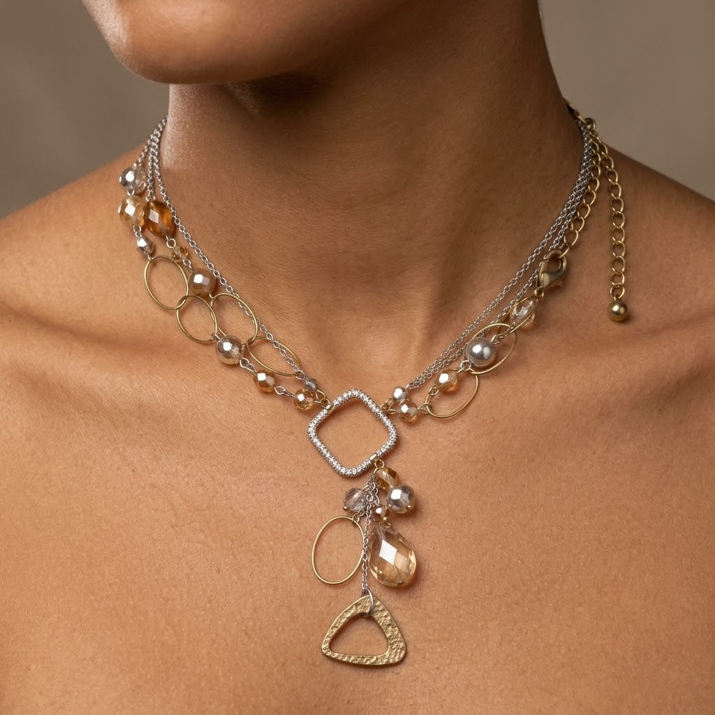 Vintage Chico's Mixed Metal Geometric Link Faceted Bead Necklace