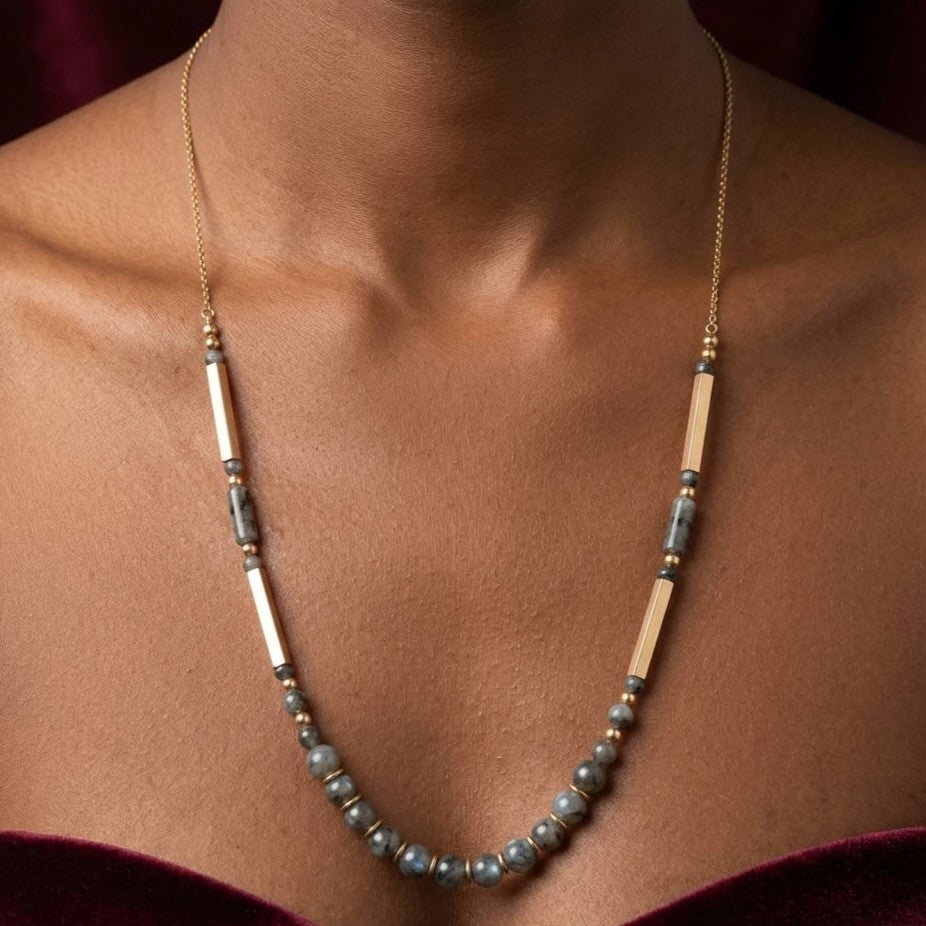Vintage Semi Precious Labradorite Beaded Necklace 32 Inch