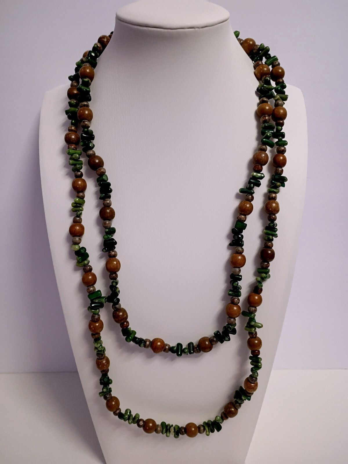 Vintage Rope Length Necklace with Natural Stones in Greens & Round Wooden Beads