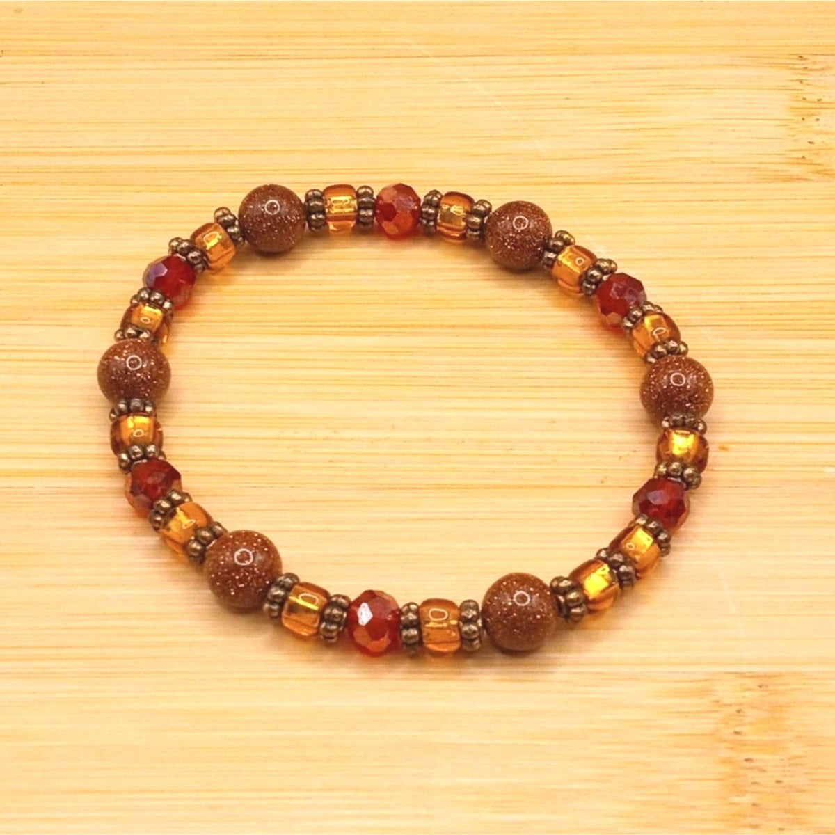 Handmade Orange Red Faceted, Glitter Fancy Glass Beaded Vintage Bracelet