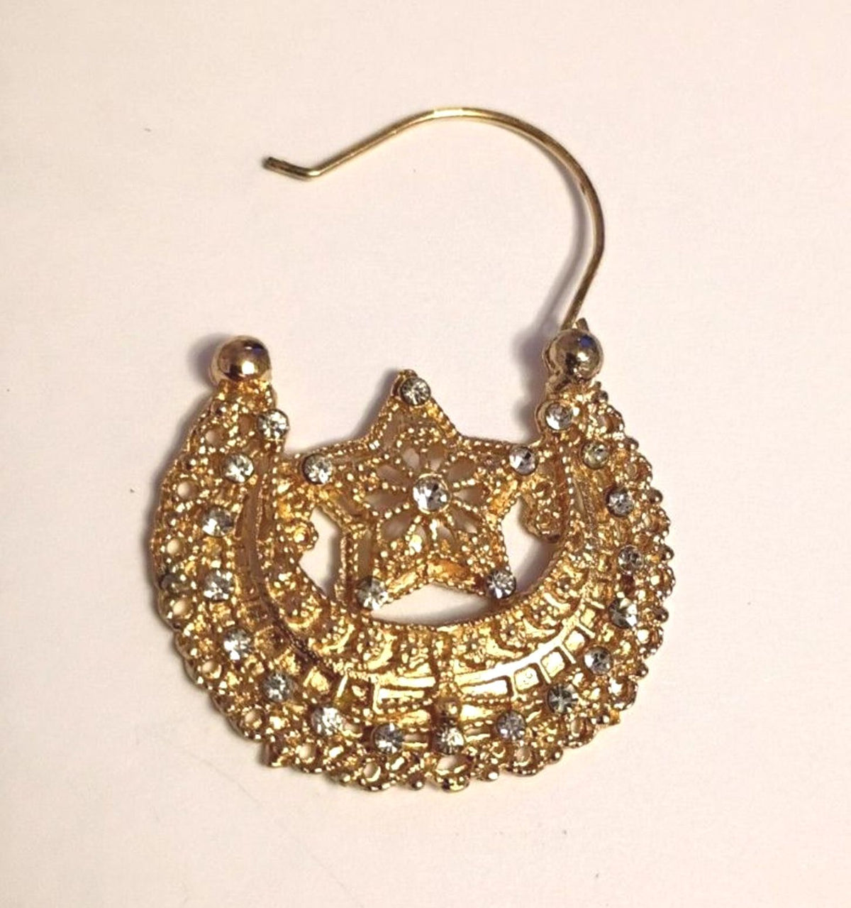 Hoop Earrings, Crescent and Star design, Small White Crystal