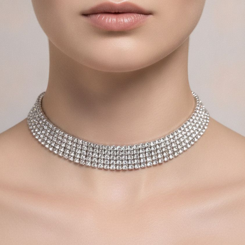 Vintage Glittery Rhinestone Mesh Choker Necklace Fashionable
