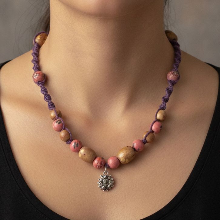 Necklace of Pink Floral beads Rustic Wooden bead Purple Cord