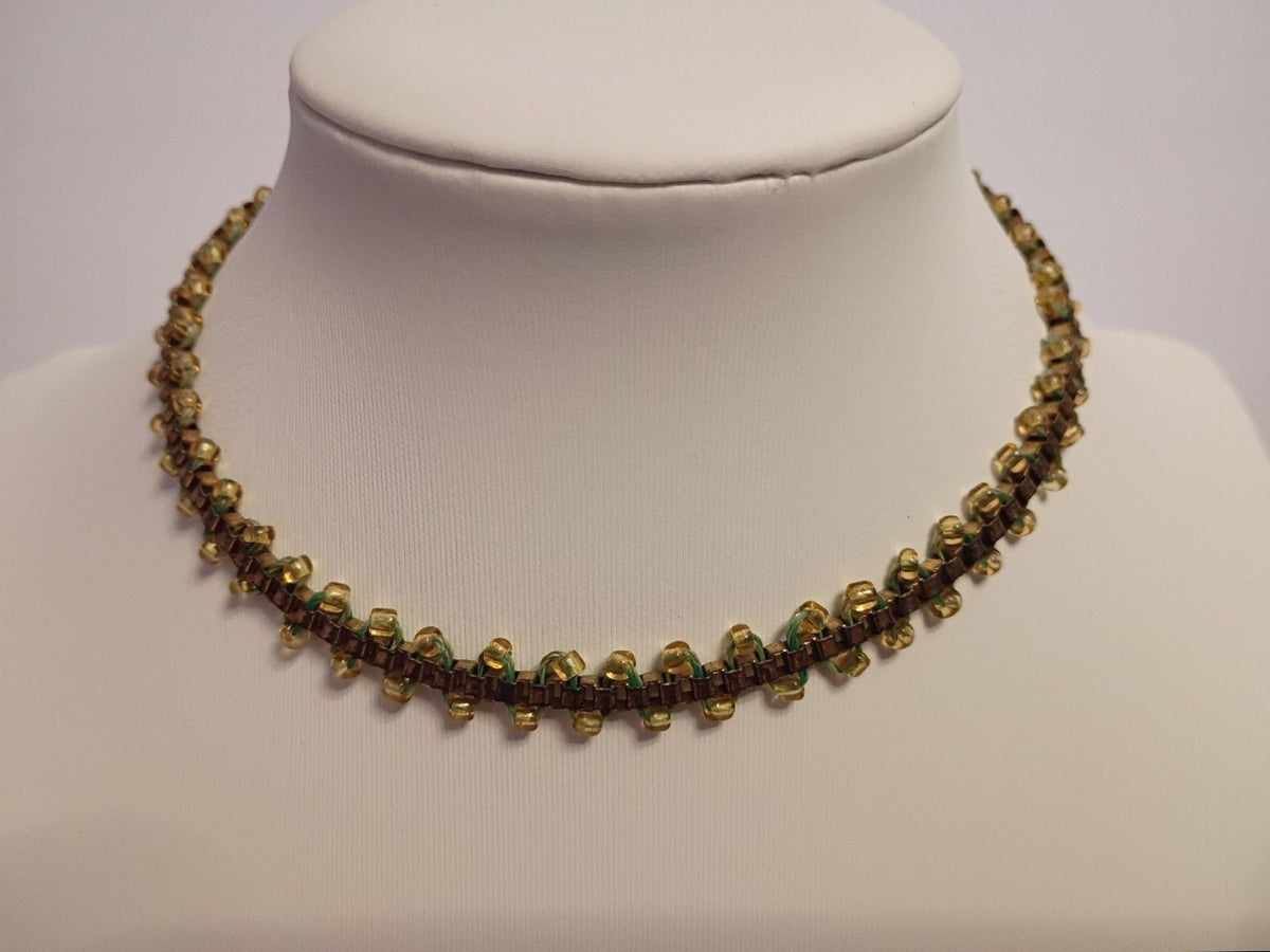 Designer Signed Guess, Collar Necklace is Gold Tone with Yellow Seed Beads