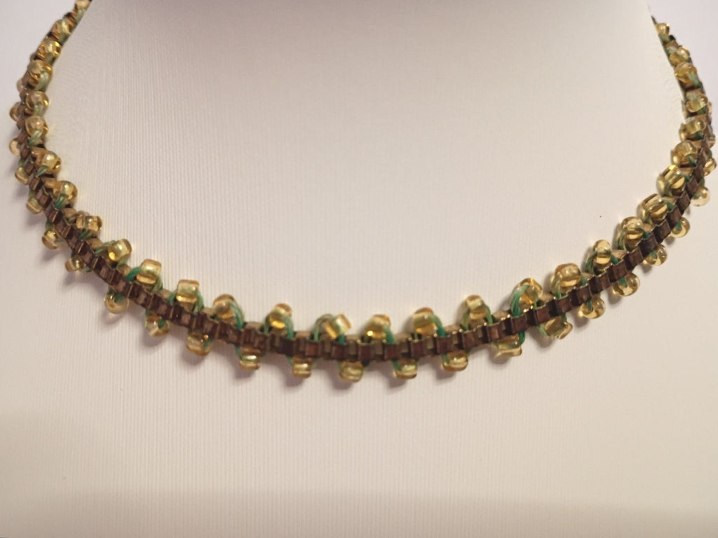 Designer Signed Guess, Collar Necklace is Gold Tone with Yellow Seed Beads