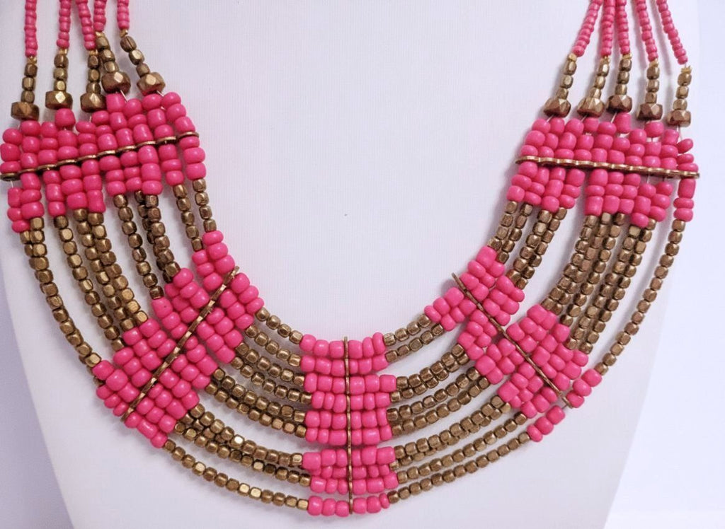 Vintage signed Charming Charlie Pink Multi Strand Beaded Statement Necklace
