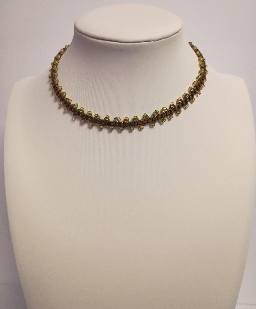 Designer Signed Guess, Collar Necklace is Gold Tone with Yellow Seed Beads