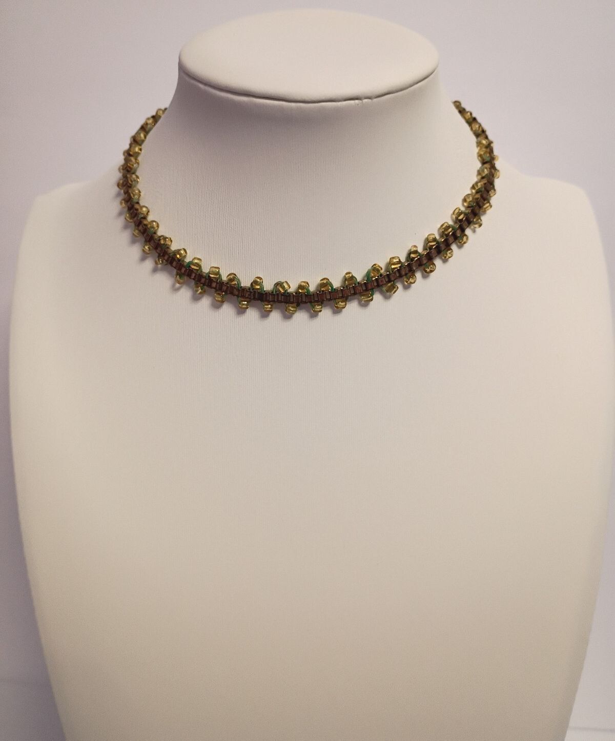 Designer Signed Guess, Collar Necklace is Gold Tone with Yellow Seed Beads