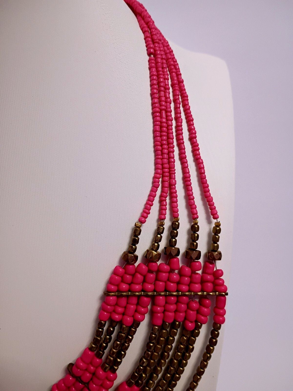 Vintage signed Charming Charlie Pink Multi Strand Beaded Statement Necklace