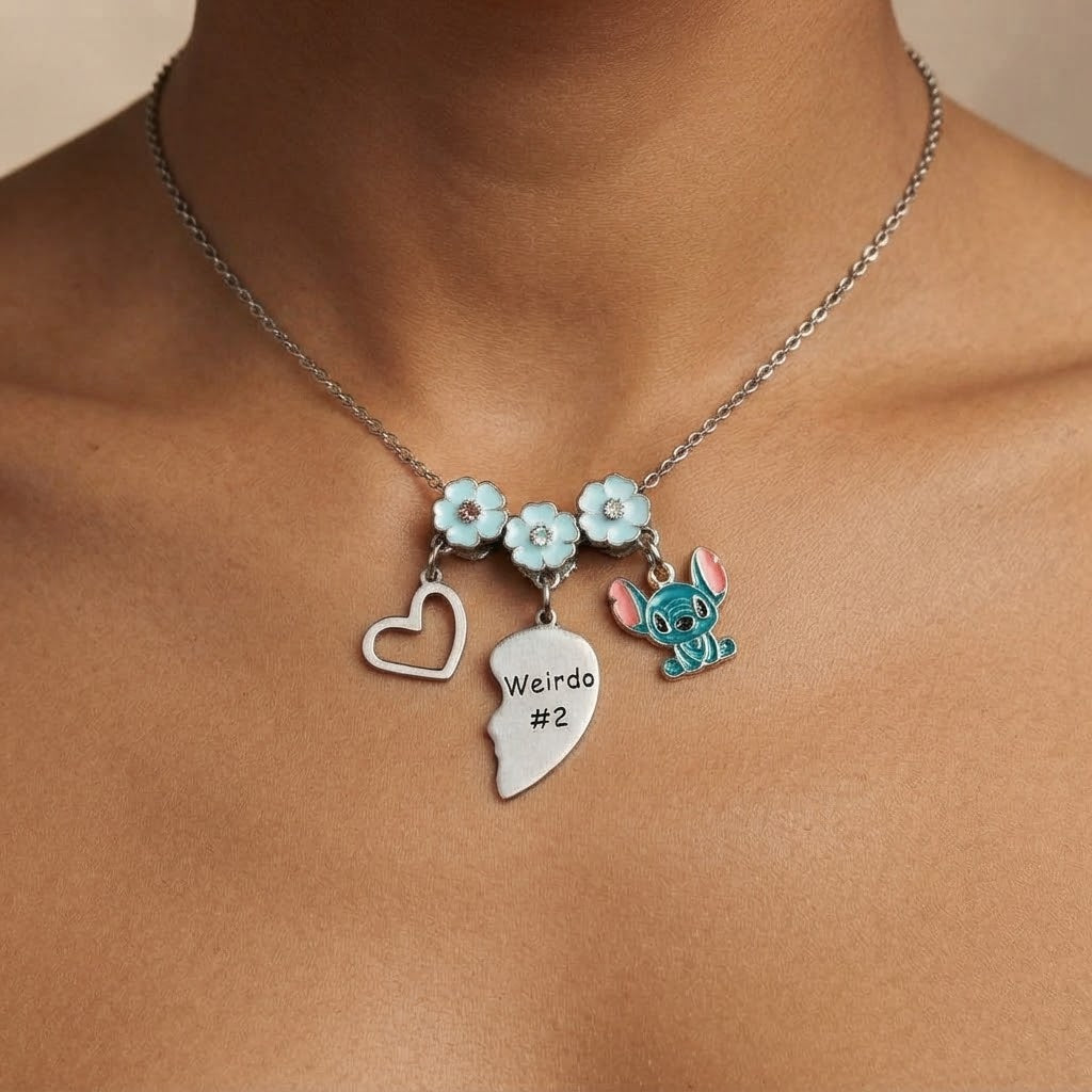Vintage Silver-Toned Blue Flower and Heart Charm Necklace