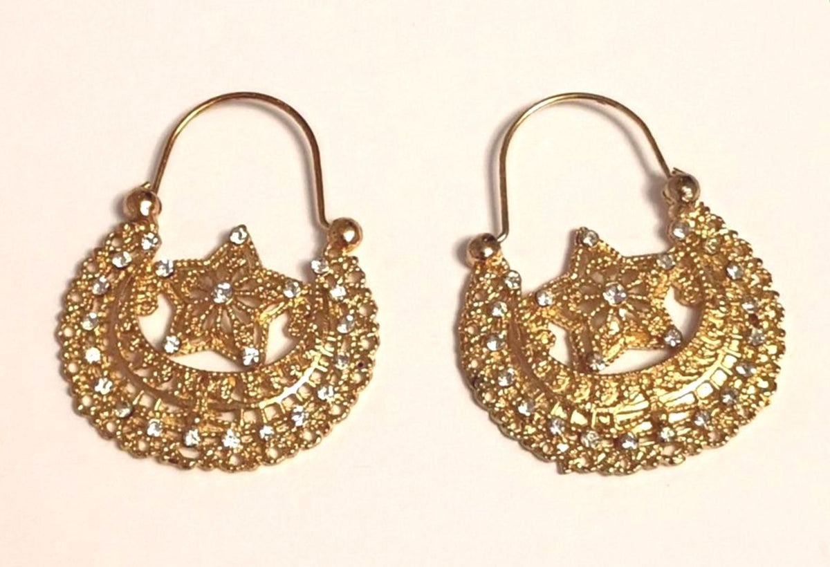 Hoop Earrings, Crescent and Star design, Small White Crystal