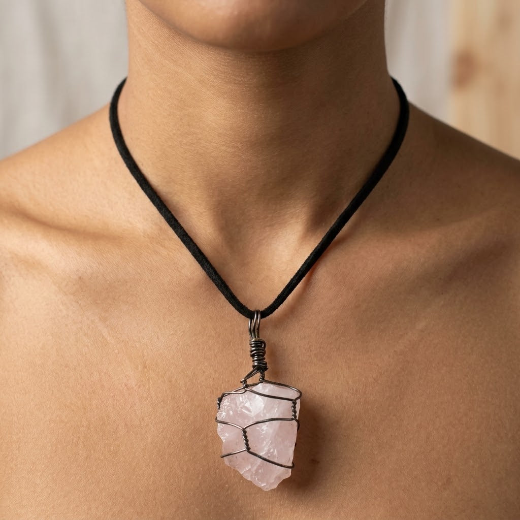 Vintage Raw Rose Quartz Gemstone Pendant Necklace