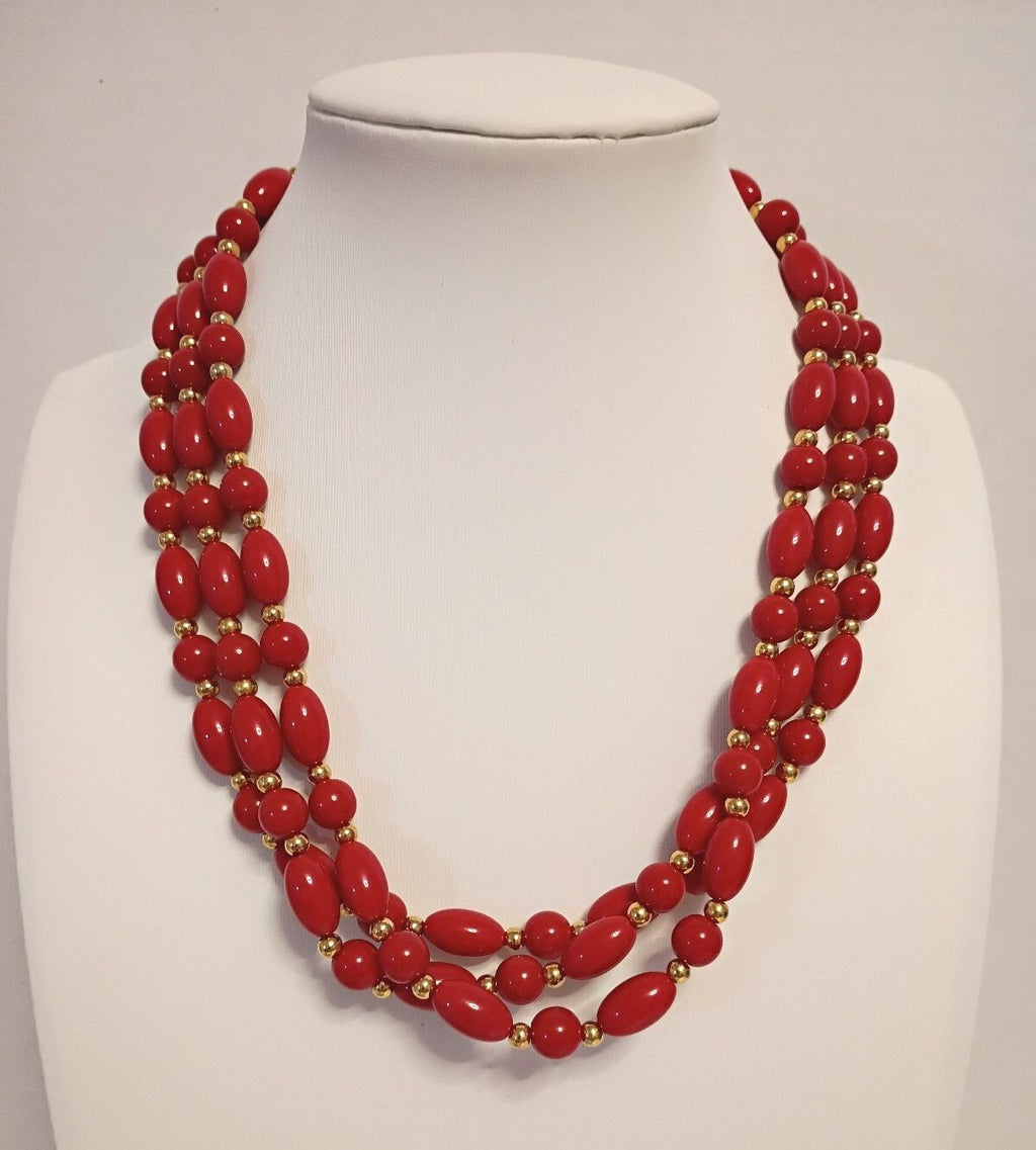 Vintage Red Bead Triple Strand Statement Necklace Gold Tone Spacers 17 In