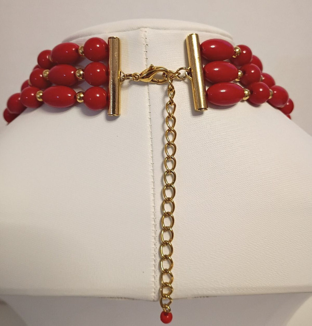 Vintage Red Bead Triple Strand Statement Necklace Gold Tone Spacers 17 In
